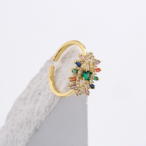 18K Gold Plated Copper Open Ring For Women With Colorful Cubic Zirconia Evil Eye Rainbow Geometric Adjustable Luxury