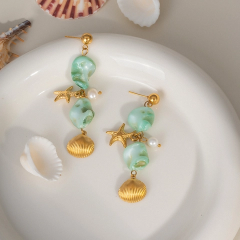 Stainless Steel 18K Gold Plated Starfish Shell Drop Earrings With Natural Green Stone Pearl For Women Beach Vacation Jewelry