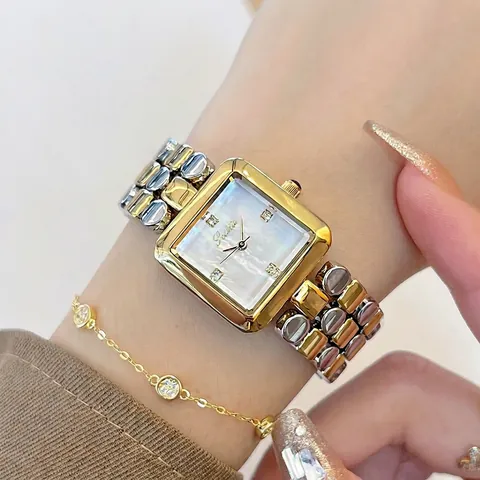 Elegant Women Square Watch Alloy Strap Mother Of Pearl Dial Rhinestone Markers Quartz Movement Fashion Jewelry Wristwatch