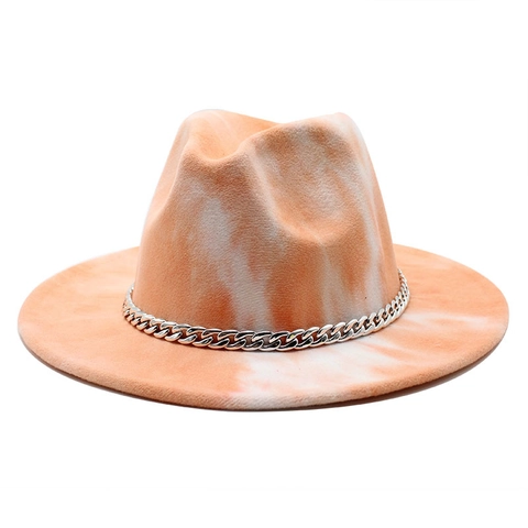 Tie Dye Breedgerande Fedora Hoed Katoen Polyester Vilt Decoratieve Metalen Ketting Mode Jazz Cap Unisex