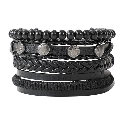 Mehrlagiges Herren Lederarmband Handgefertigt Geflochten Perlen Stern Best Friend Charm Vintage Punk Stil