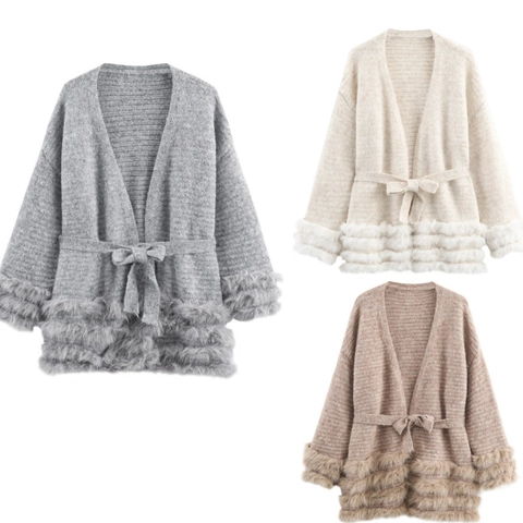 Cardigan En Maille Pour Femmes Bordure En Fausse Fourrure Manches Longues Col En V Ceinturé Pull Élégant