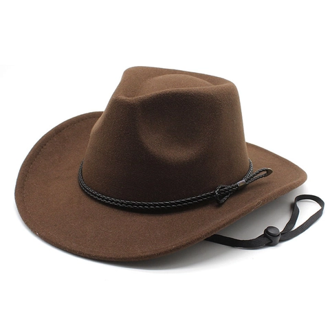 Western Cowboy Hat Wool Felt Wide Brim Jazz Fedora Adjustable Windproof Chin Strap Woven Band Outdoor Travel Men Women