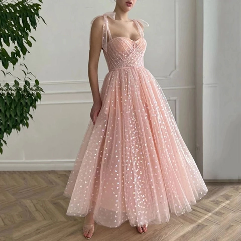 Robe De Soirée Midi En Tulle Pour Femmes Avec Paillettes Coeur Irisées Corsage Corset Encolure Coeur Bretelles Noeud Pour Bal Mariage