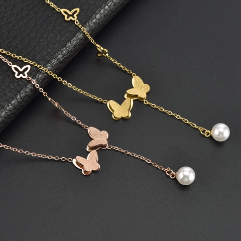 Butterfly Artificial Pearl Pendant Necklace Titanium Steel Y Shape Chain Gold Plated Elegant Fashion Jewelry For Women Gift