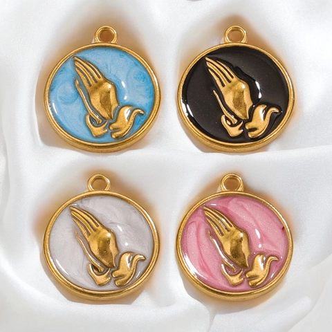 Round Praying Hands Pendants Enamel Stainless Steel 18K Gold Plated DIY Jewelry Making Charms Religious Minimalist