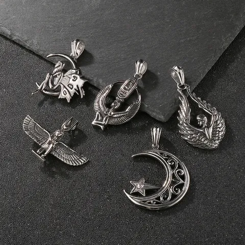 Collar Colgante De Acero Inoxidable Vintage Diosa Egipcia Isis Alas De Ángel Luna Estrella Hada Joyería Gótica Punk