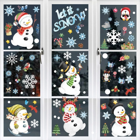 Christmas Window Clings Static PVC Watercolor Snowman Snowflake Reindeer Double Sided Stickers Glass Decor Holiday