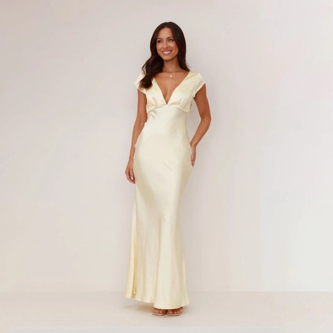 Vestido Largo De Satén Para Mujer Escote En V Profundo Espalda Descubierta Sin Mangas Color Sólido Fiesta Sexy