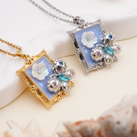Collana Pendente Farfalla Fiore Stile Giardino Monet Rame Zircone Conchiglia Retro Francese Cornice Quadrata Gioielli Donna