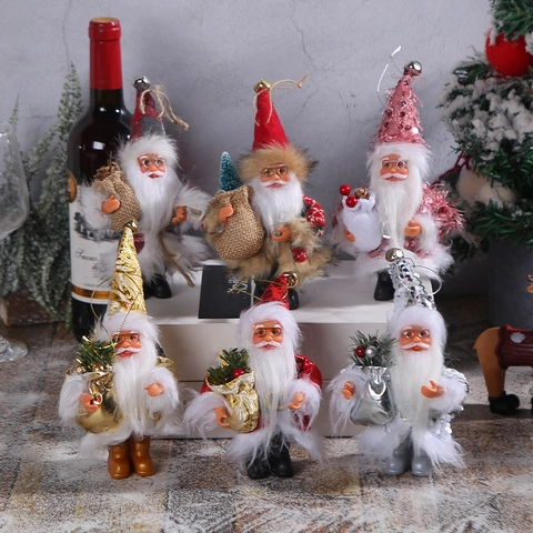 Santa Claus Figurines Christmas Hanging Ornaments Polyester Faux Fur Sequin PVC Mini Standing Desktop Decor Festive