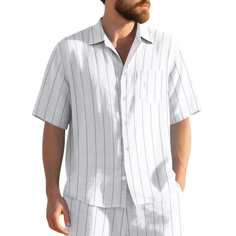 Homme Chemise Courte Rayée En Lin Et Short Décontracté Été Plage Vacances Style Rétro Haut À Boutons Avec Poche