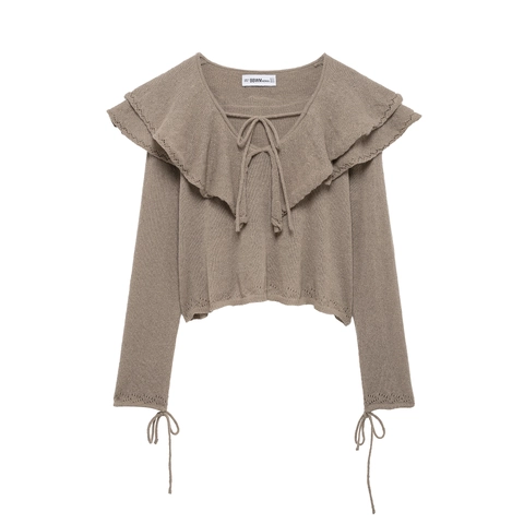 Gebreide Trui Met Ruffelkraag Dames V-Hals Strikje Ajour Detail Lange Mouwen Pullover Top Taupe