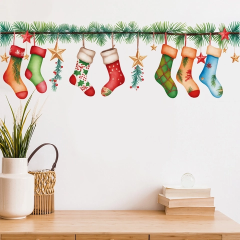 Christmas Stocking Wall Stickers PVC Waterproof Pine Branch Bell Decals For Holiday Home Decoration