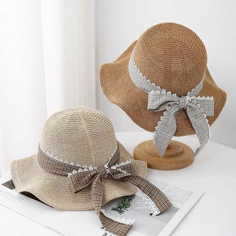 Women Woven Straw Sun Hat Plaid Ribbon Bow Lace Trim Breathable Foldable Summer Vacation Beach Accessory