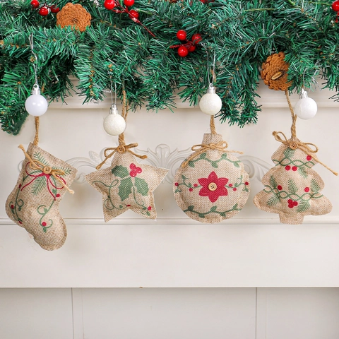 Ornements Suspendus En Toile De Jute Noël Décoration Sapin Ferme Rustique Étoile Chaussette Boule Bouton Bois