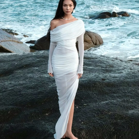 Elegante Abito Maxi Bianco Arricciato Monospalla In Rete Manica Lunga Sexy Aderente Spacco Laterale Festa Sera Per Donna