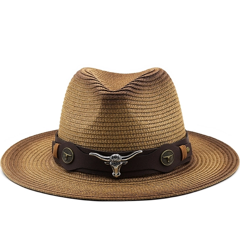 Western Cowboy Straw Hat Wide Brim Sun Protection Gradient With Faux Leather Band And Metal Bull Head For Men Women