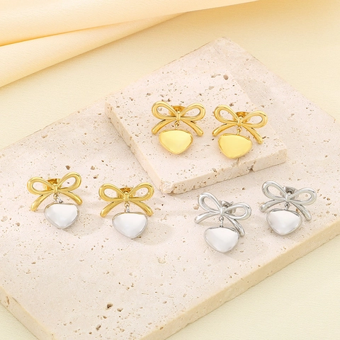 Boucles D'oreilles Pendants Coeur Noeud Papillon Acier Inoxydable Plaqué Or 18K Style Coréen Bijoux Pour Femmes