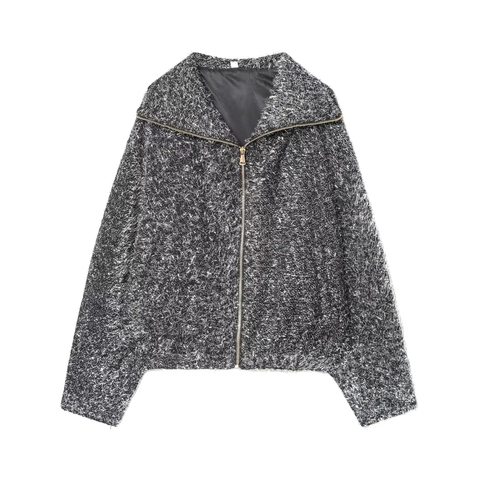 Women Bomber Jacket Metallic Thread Sequin Fuzzy Fringe Short Coat Zipper Lapel French Style Fashion
