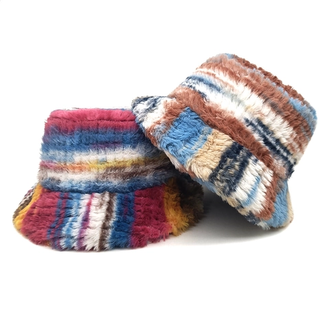 Cappello Alla Pescatora Peluche Donna Righe Colorate Pelliccia Sintetica Inverno Caldo Bucket Hat Sfumat Moda