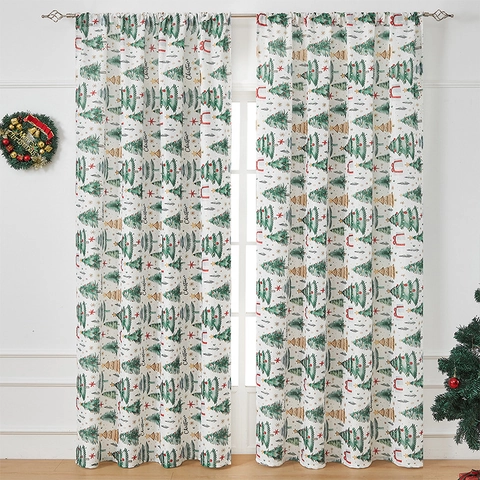 Christmas Curtains Polyester Semi Shading Printed Decorative Window Drapes For Holiday Home Living Room Bedroom Decor