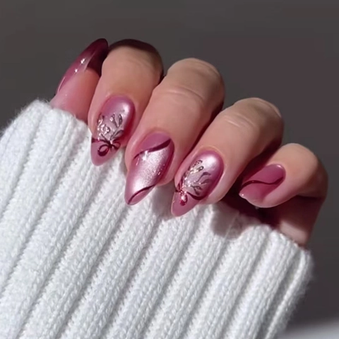 Paarse Cat Eye Press On Nagels Met Strik Lint Shimmer ABS Plastic Amandelvorm Verwijderbaar Zoet Voor Dames