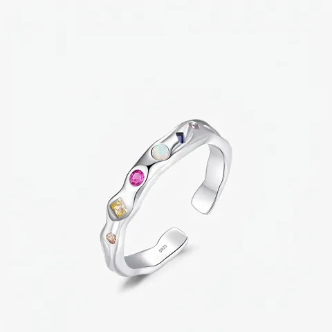 925 Sterling Silber Verstellbarer Offener Ring Mit Bunten Zirkonia Unregelmäßiges Geometrisches Regenbogen Juwel Für Damen