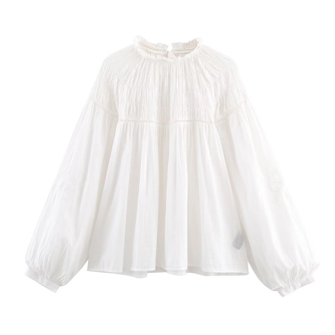 Women White Ruffle Stand Collar Long Sleeve Blouse Pleated Lantern Sleeve Lace Trim Polyester Shirt