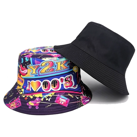 Reversible Bucket Hat Polyester Y2K Retro Printed Sun Protection Outdoor Travel Fashion Hat For Women