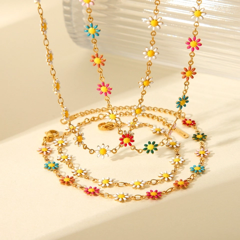 Edelstahl Gänseblümchen Halskette Und Armband Bunte Emaille Blumen Anhänger Kette Schmuck Für Damen Gold Vergoldet