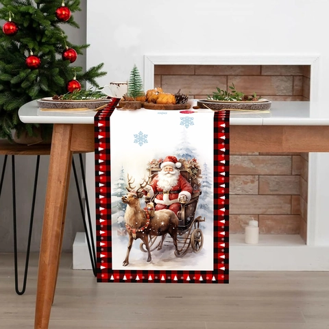 Christmas Table Runner Polyester Santa Claus Reindeer Sleigh Buffalo Plaid Checkered Holiday Dining Table Decoration