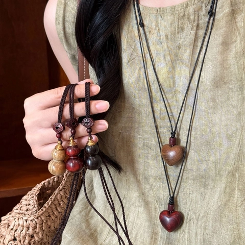 Collana Con Pendente In Legno Forma Cuore Zucca Corda Intrecciata A Mano Stile Etnico Retro Gioielli Zen Donna