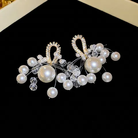 Elegant Floral Cluster Drop Earrings With Artificial Pearls Zircon Crystals And Silver Earring Post Luxury French Style