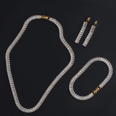 Elegant Baguette Zircon Jewelry Necklace Bracelet Earrings 18K Gold Plated Copper Accessory For Women Wedding Party
