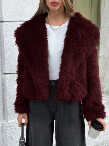 Women Faux Fur Coat Short Plush Jacket Open Front Warm Solid Color Elegant Casual Loose Outerwear
