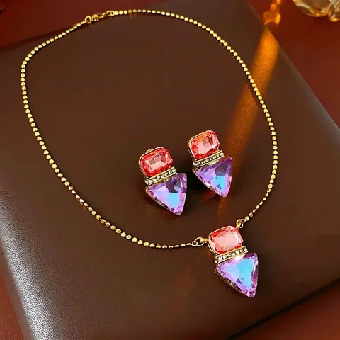 Vintage Geometrische Halskette Und Ohrringe Legierung Strass Silver Earring Post Kristall Dreieck Anhänger Für Frauen