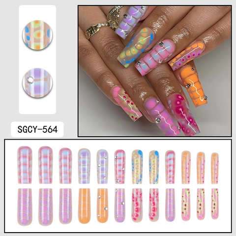3D Relief Plaknagel Macaron Karomuster Coffin Lange Künstliche Nägel Mit Strass Full Cover Maniküre Für Damen