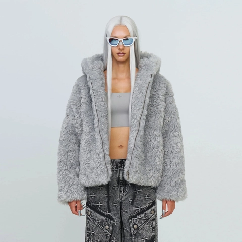 Veste À Capuche En Fausse Fourrure Manteau En Peluche Zippé Motif Croix Streetwear Y2K Pour Femmes Vêtements D'Hiver