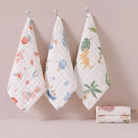 Baby Gauze Square Towel Cotton Soft Absorbent Six Layer Washcloth Handkerchief Saliva Bib For Infants Newborns Cartoon Print