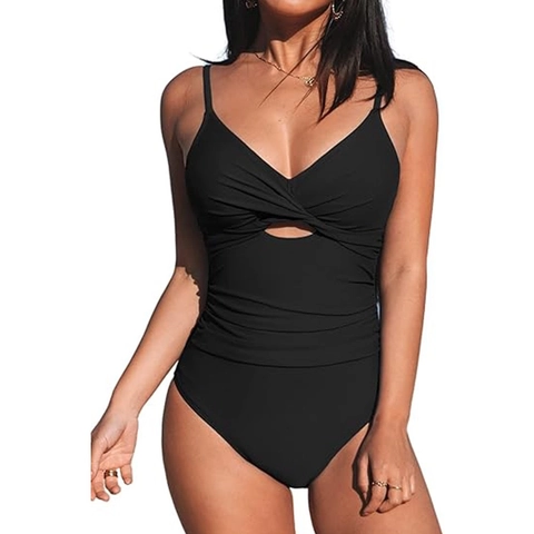 Monokini Swimsuit For Women Twist Knot Cutout Spaghetti Straps Ruched Tummy Control Solid Sexy Swimwear