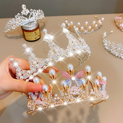 Prinzessin Krone Tiara Stirnband Legierung Strass Kunstperle Schmetterling Dekor Mädchen Haarschmuck Für Geburtstag Party