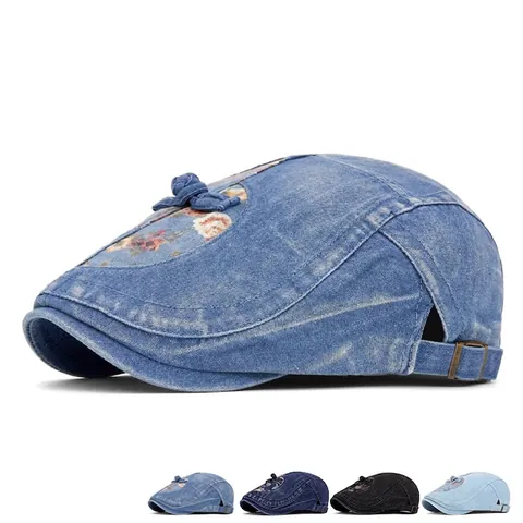 Berretto In Denim Lavato Rétro Ricamo Floreale Etnico Coppia Regolabile Cappello Da Pittore Inglese Donne
