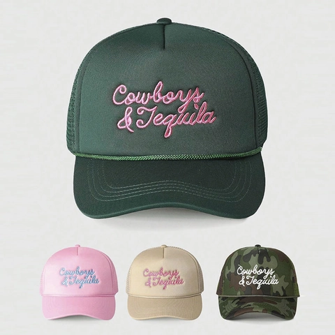 Cowboys And Tequila Letter Embroidery Trucker Hat Mesh Breathable Baseball Cap With Rope Detail For Women Men