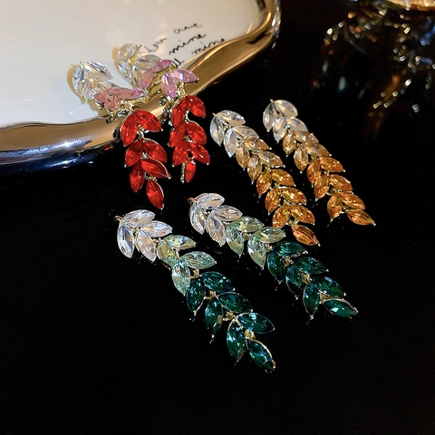 Elegant Gradient Rhinestone Leaf Tassel Dangle Earrings With 925 Sterling Silver Earring Post Wheat Ear Style For Women