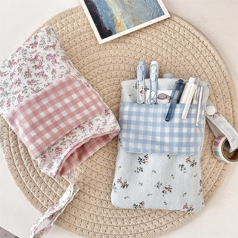 Trousse À Crayons En Tissu Gingham À Fleurs Japonaises Organisateur De Poche Pour Infirmière Polyester Coton Avec Bouton
