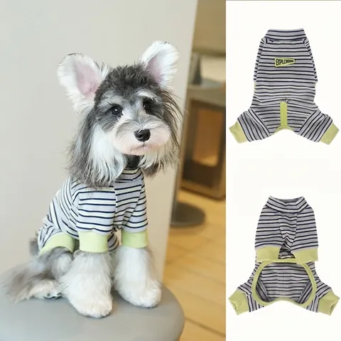 Gestreifter Hunde Schlafanzug Vierbeiniger Jumpsuit Polyester Gerippte Bündchen Lässige Haustierbekleidung Für Kleine Hunde
