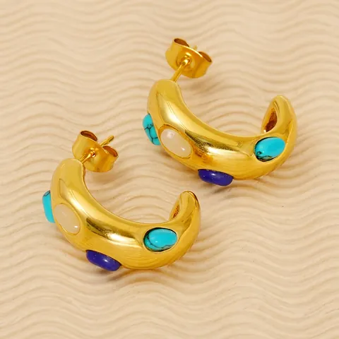 C Shape Hoop Earrings 18K Gold Plated Stainless Steel Natural Turquoise Multicolor Gemstone Retro Bohemia For Women