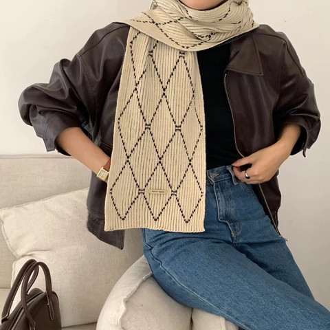 Women's Knitted Argyle Scarf Soft Warm Acrylic Winter Scarf With Diamond Pattern Vintage Casual Thick Wrap For Women