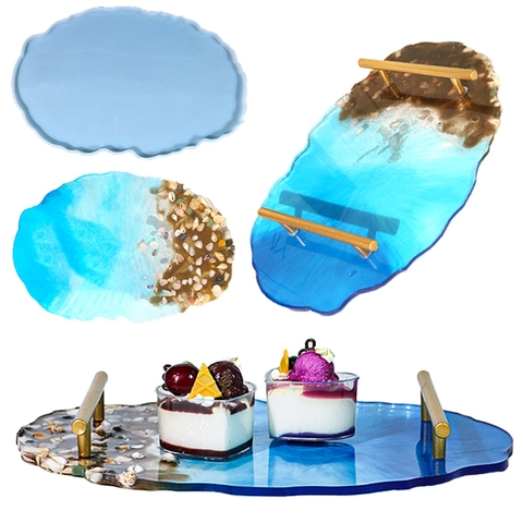DIY Silicone Mold Irregular Oval Tray Casting Tool For Resin Craft Home Decoration Storage Plate With Metal Handles
